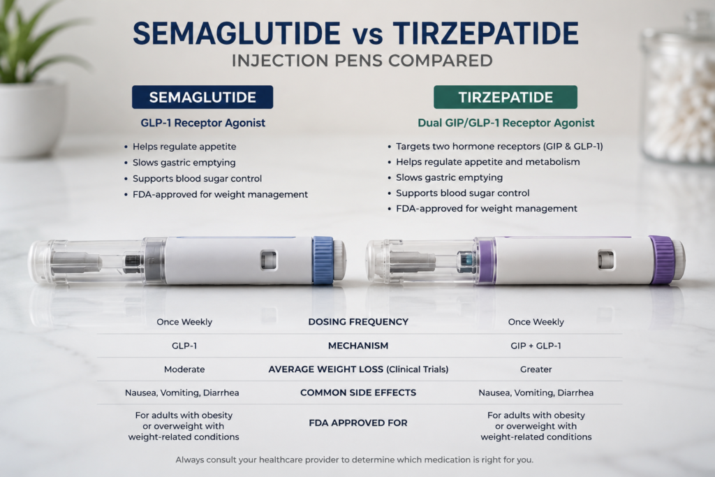 Semaglutide and tirzepatide injection pens compared side by side