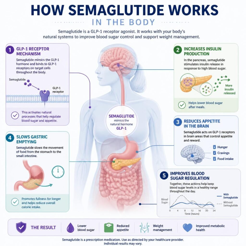 How semaglutide works in the body: GLP-1 receptor mechanism, insulin production, appetite control in the brain, slowed gastric emptying, and blood sugar regulation